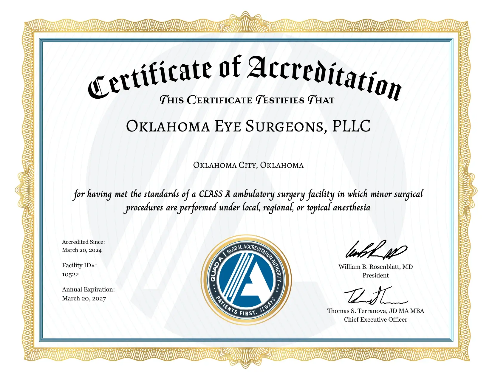 Oklahoma Eye Surgeons Certificate of Accreditation